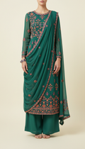 Teal green georgette salwar suit with contemporary drape