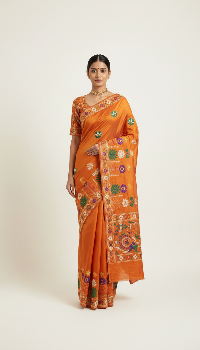 Saffron orange silk saree with artisanal embroidery