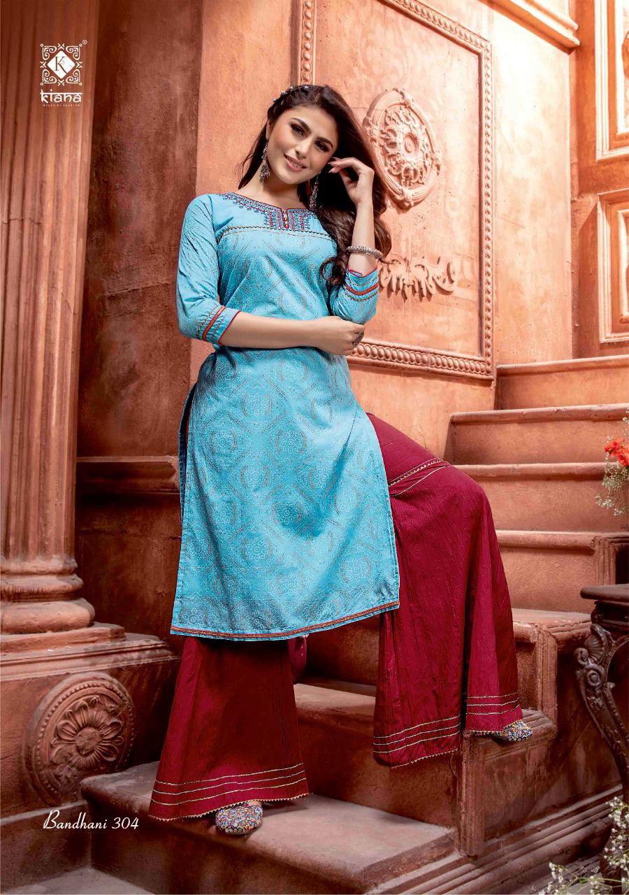 KIANA HEAVY RAYON BANDHNI PRINT EMBROIDED KURTI WITH PLAZZO