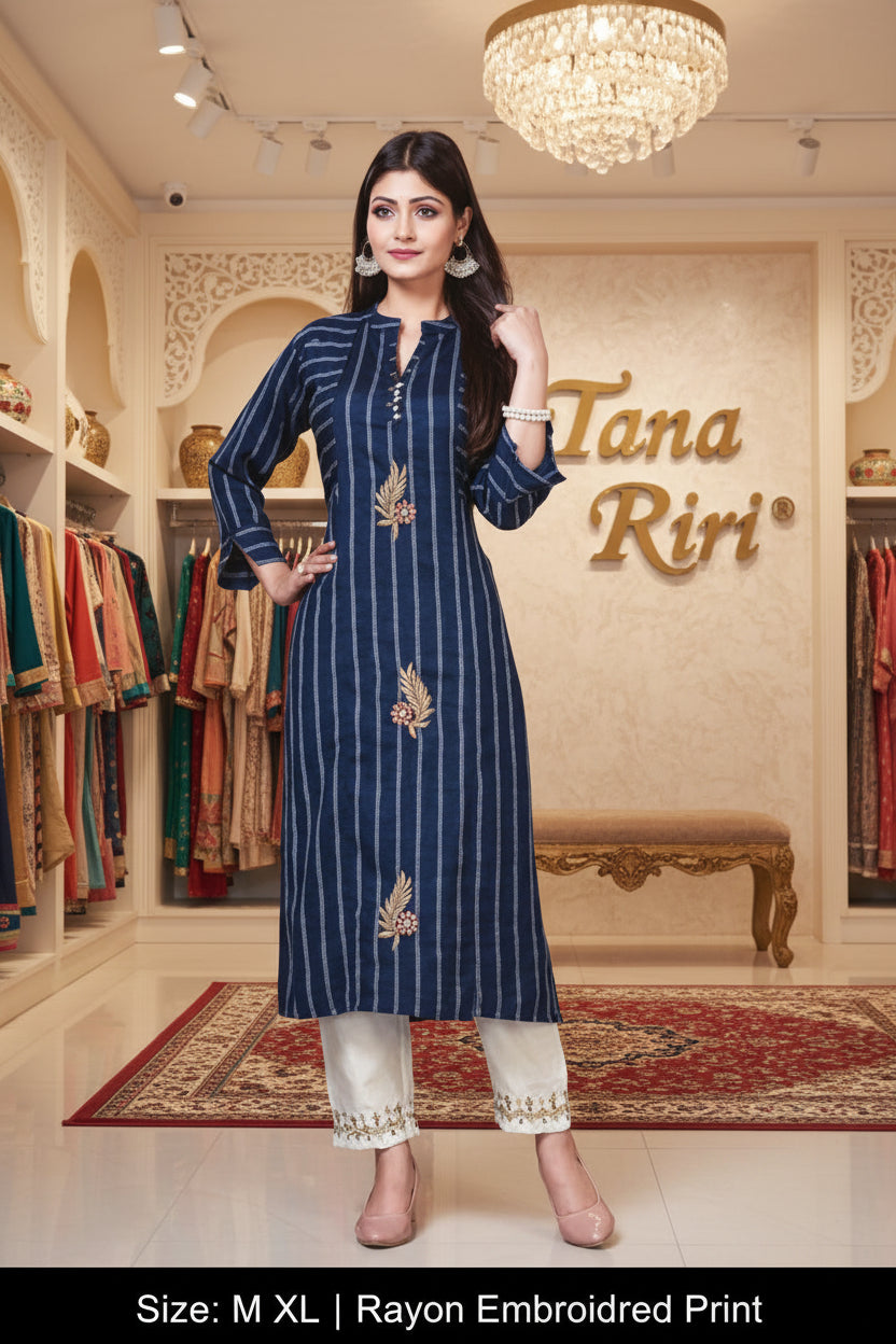 HEAVY RAYON PRINT EMBROIDED KURTI WITH PANT