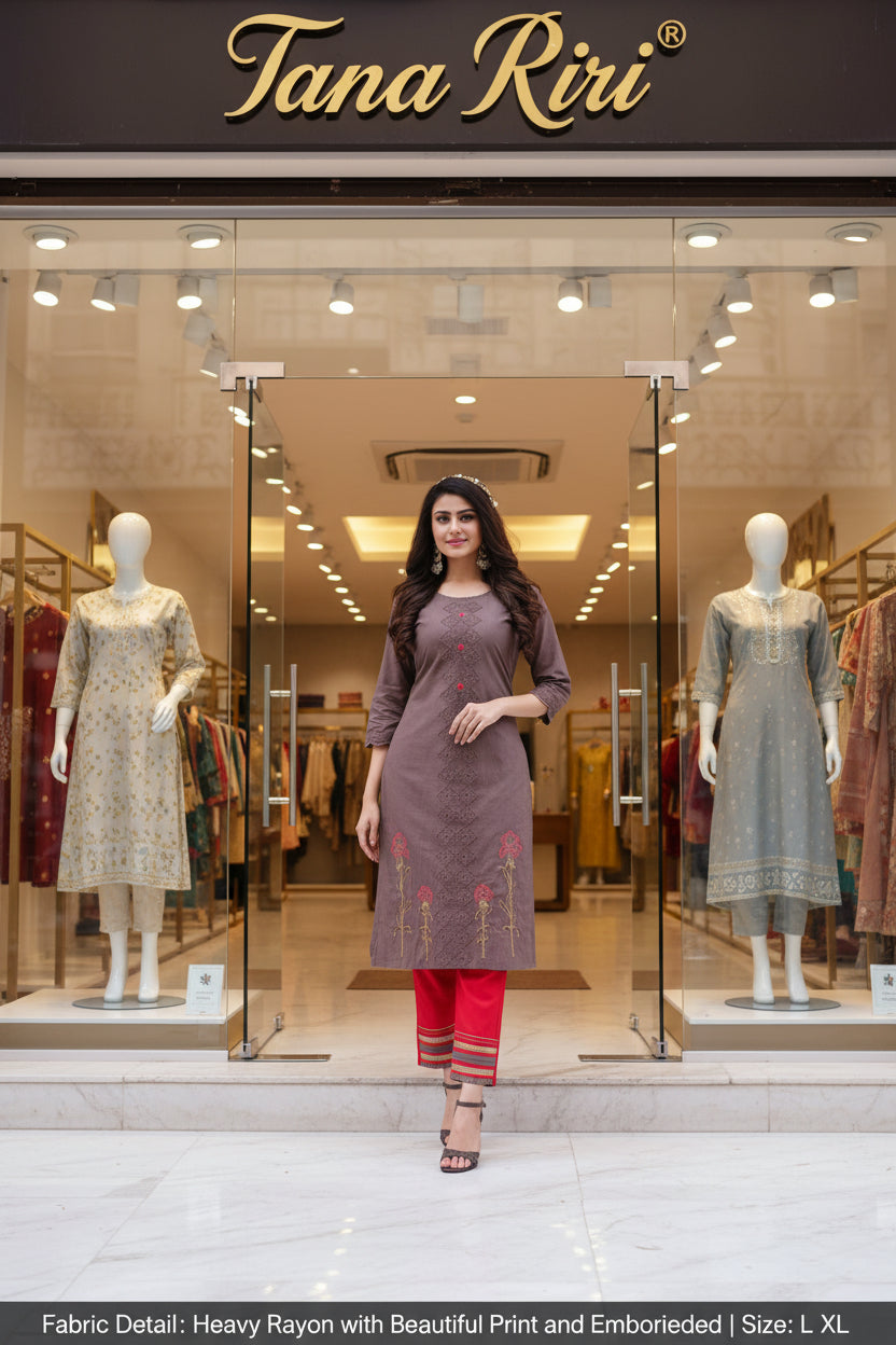 Rayon Embrodired Kurti Pant Set Size M