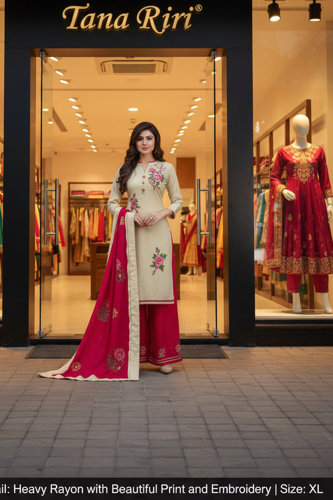 Women's Embroidered Straight Kurti with Palazzo and Dupatta Set