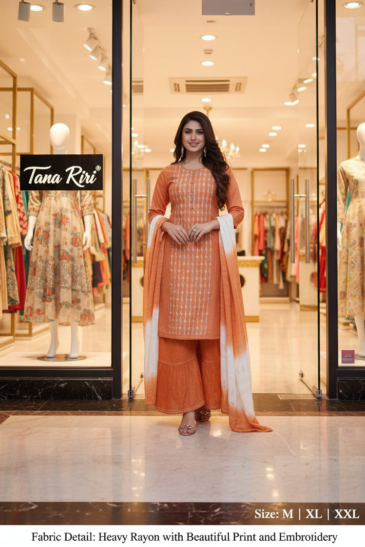 Women's Embroidered Straight Kurti with Palazzo and Dupatta Set