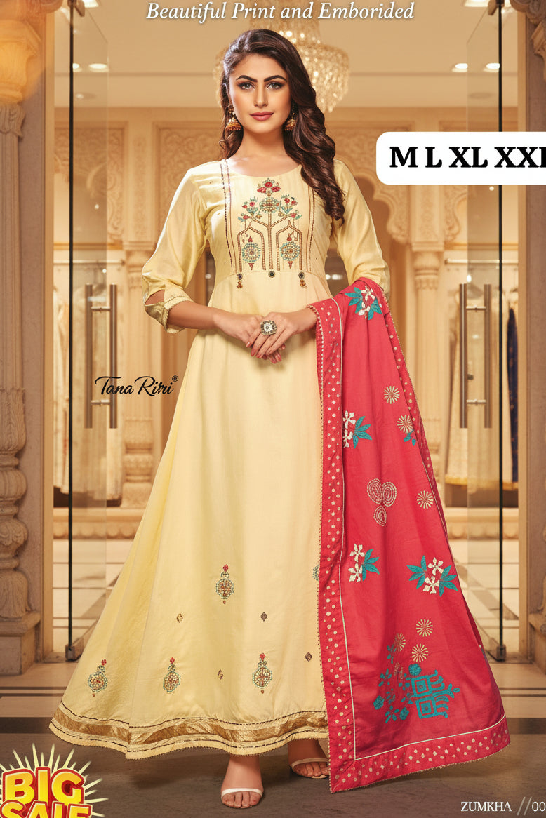 PURE RAYON ENBRODRIED PRINTED GOWN DUPTTA SET