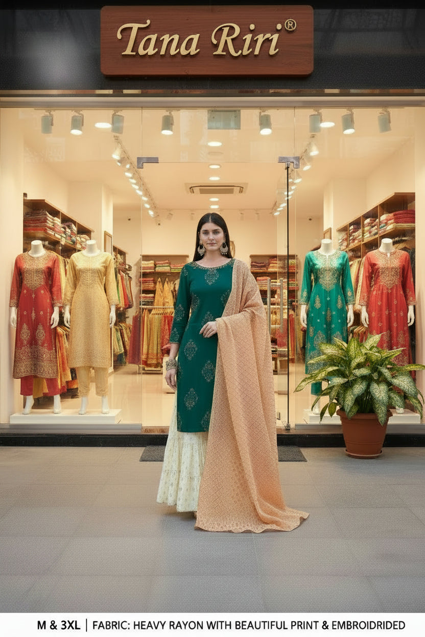 RAYON PRINTED KURTI SHARARA WITH DUPTTA