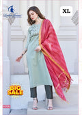 Women's Embroidered Straight Kurti with Pant and Dupatta Set