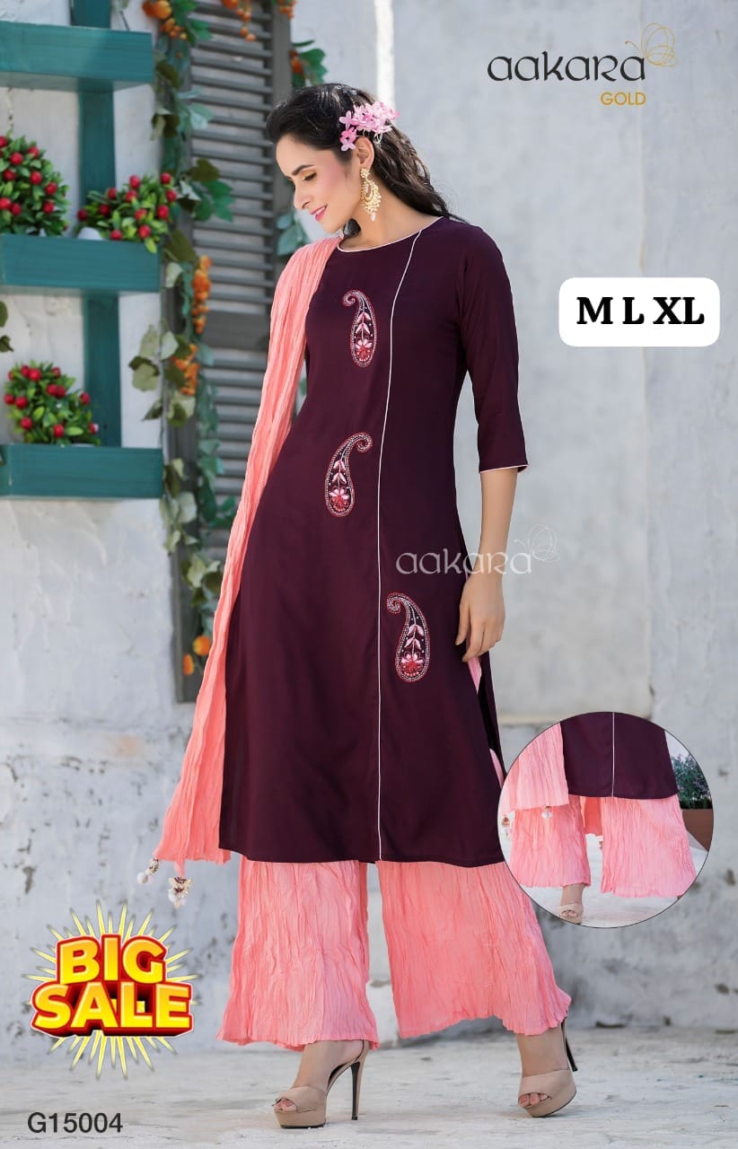 Women's Embroidered Straight Kurti with Plazzo and Dupatta Set