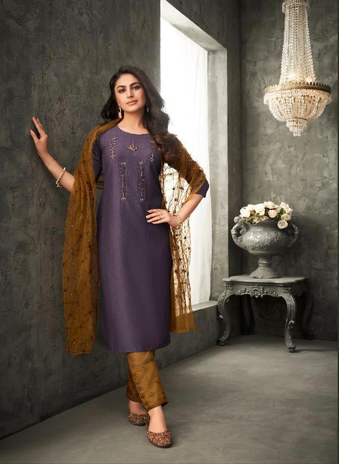 Women's Embroidered Straight Kurti with Pant and Dupatta Set