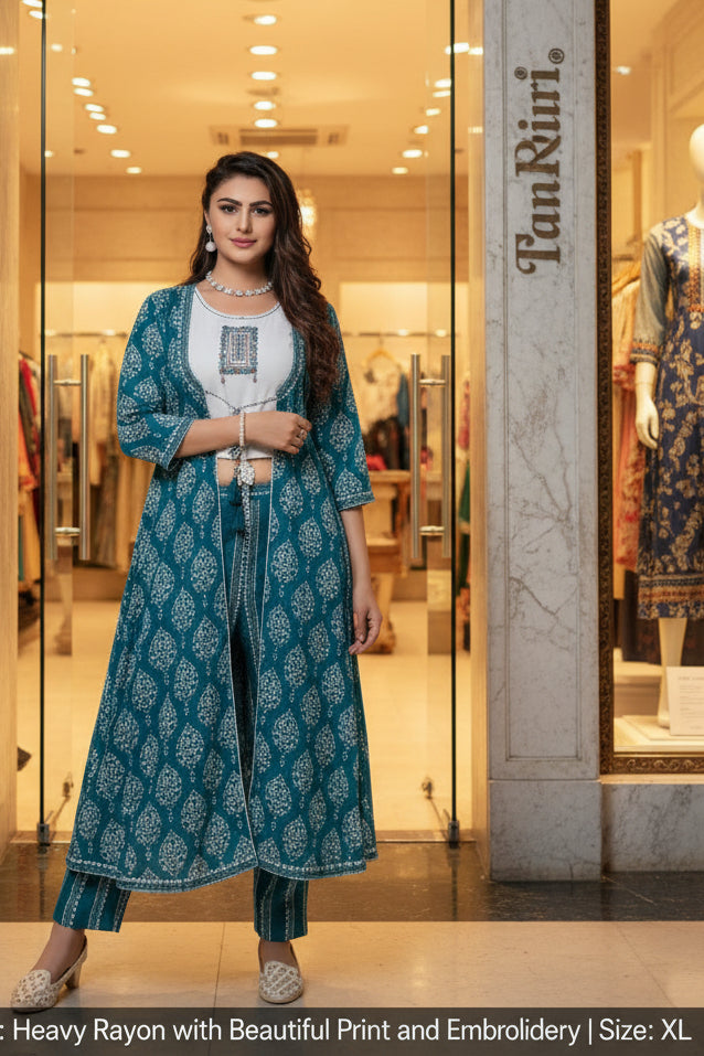 CHANDERI SILK ENBRODRIED PRINTED 3PCS SHURG TYPE SUIT SET
