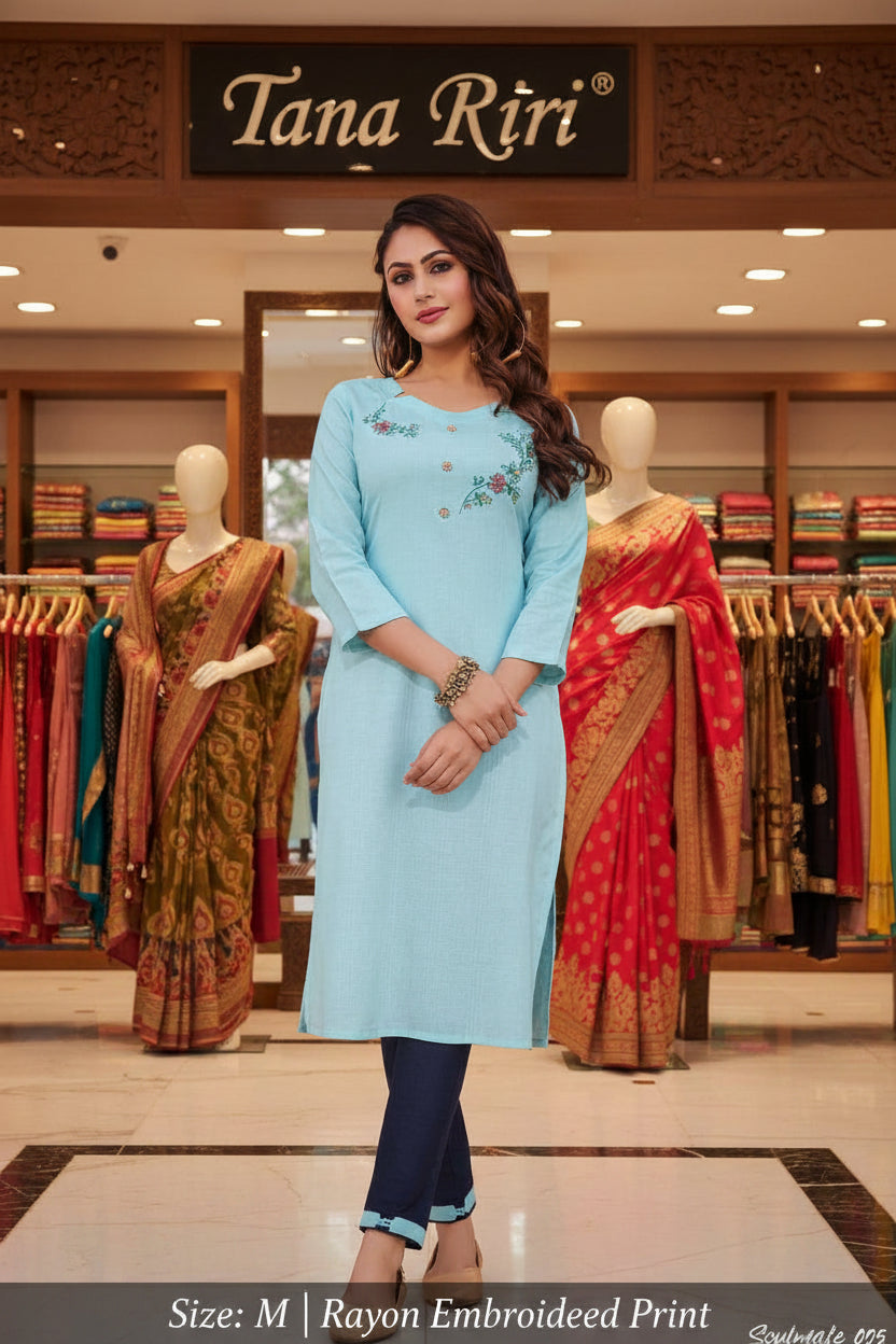 RAYON EMBRODIERD PRINTED KURTI PANT SET