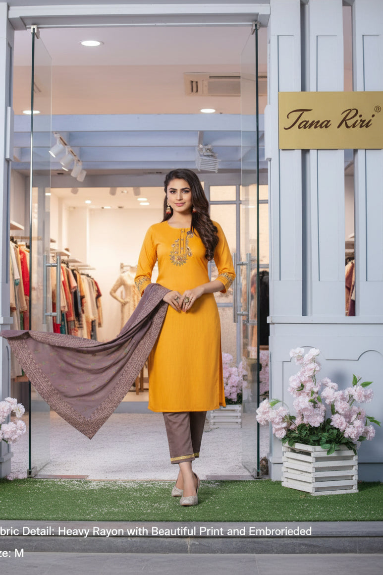 Embroidered Kurti Pant & Dupatta Set