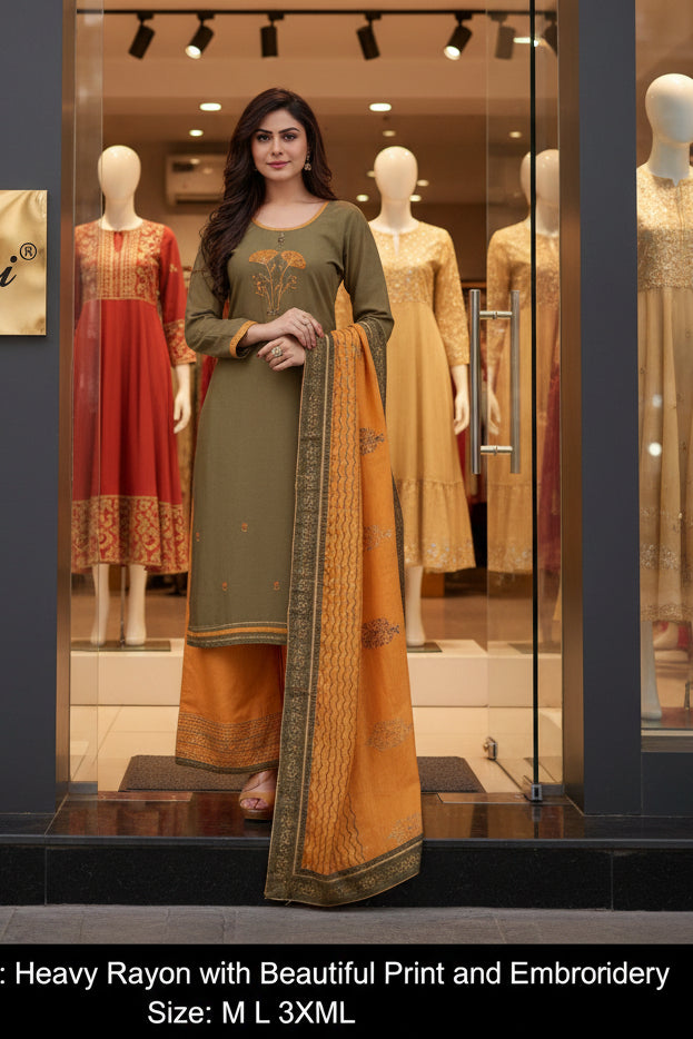 Women's Embroidered Straight Kurti with Palazzo and Dupatta Set