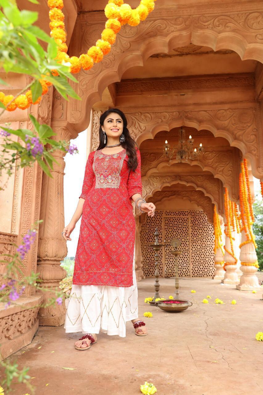 KIANA HEAVY RAYON BANDHNI PRINT EMBROIDED KURTI WITH PLAZZO