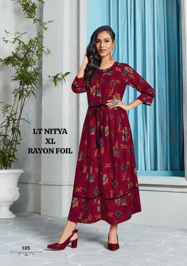 Rayon Foil Printed A-Line Kurti  3/4 Sleeves XL Size