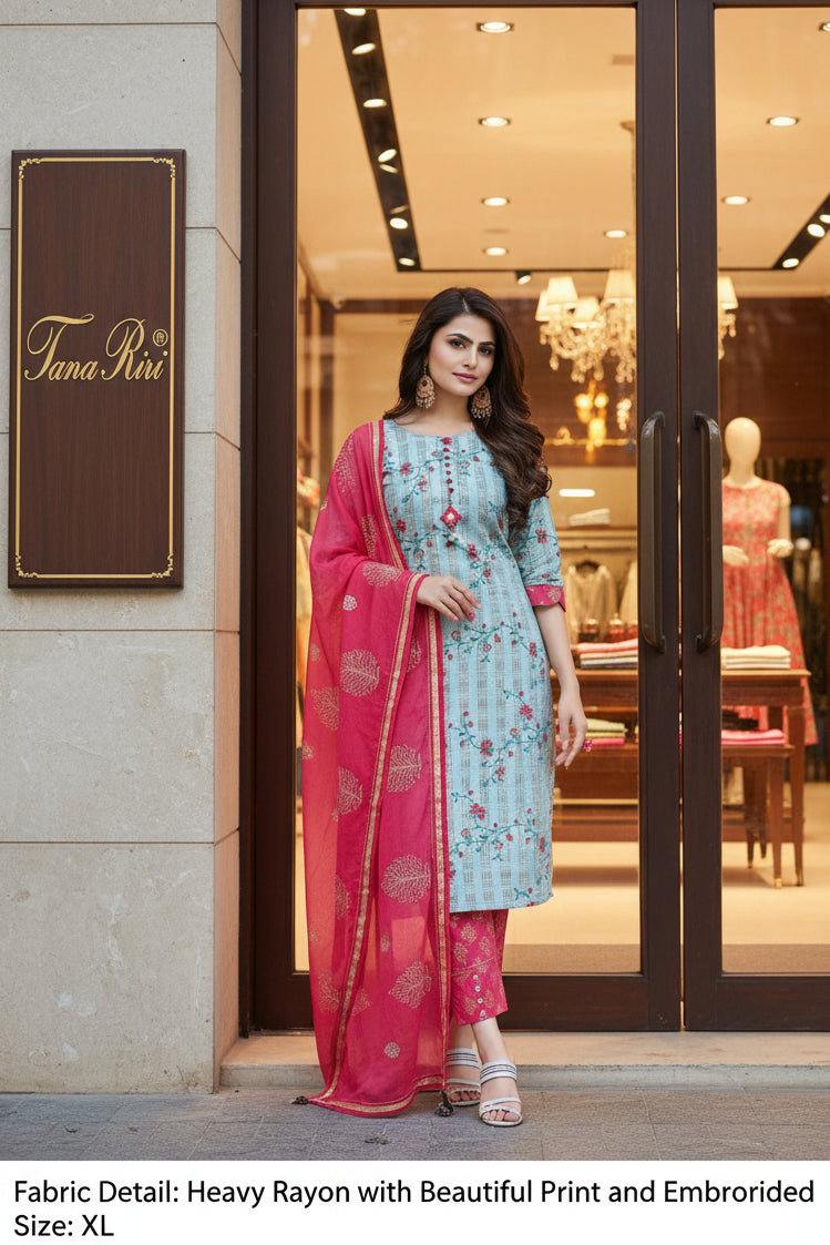 Women's Embroidered Straight Kurti with Pant and Dupatta Set