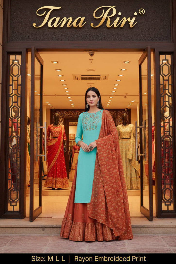RAYON PRINTED KURTI SKIRT WITH DUPTTA