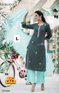Women's Embroidered Straight Kurti with Plazzo and Dupatta Set