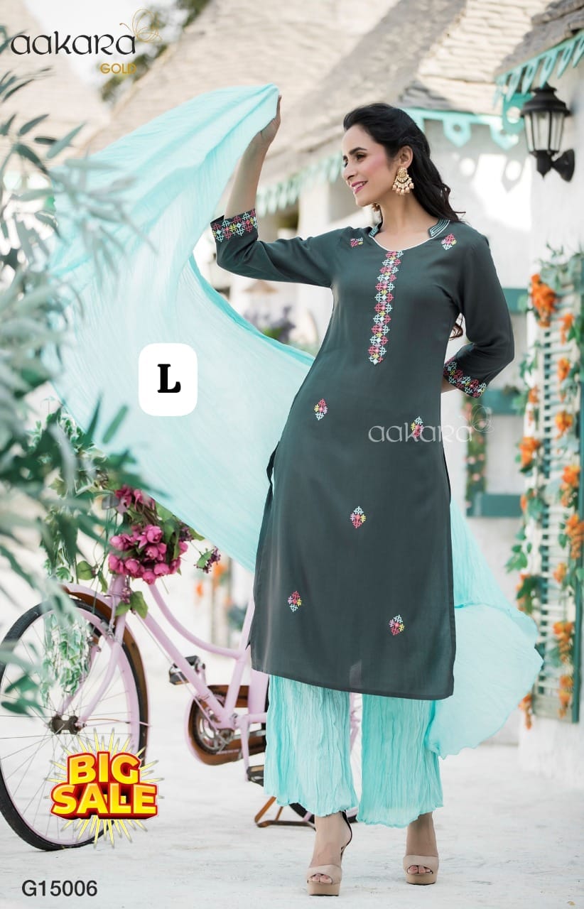 Women's Embroidered Straight Kurti with Plazzo and Dupatta Set