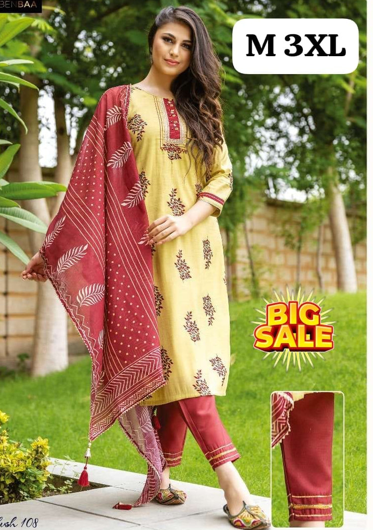Women's Embroidered Straight Kurti with Pant and Dupatta Set