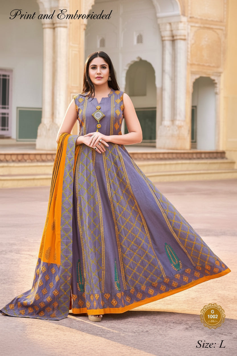 PURE RAYON ENBRODRIED PRINTED GOWN DUPTTA SET