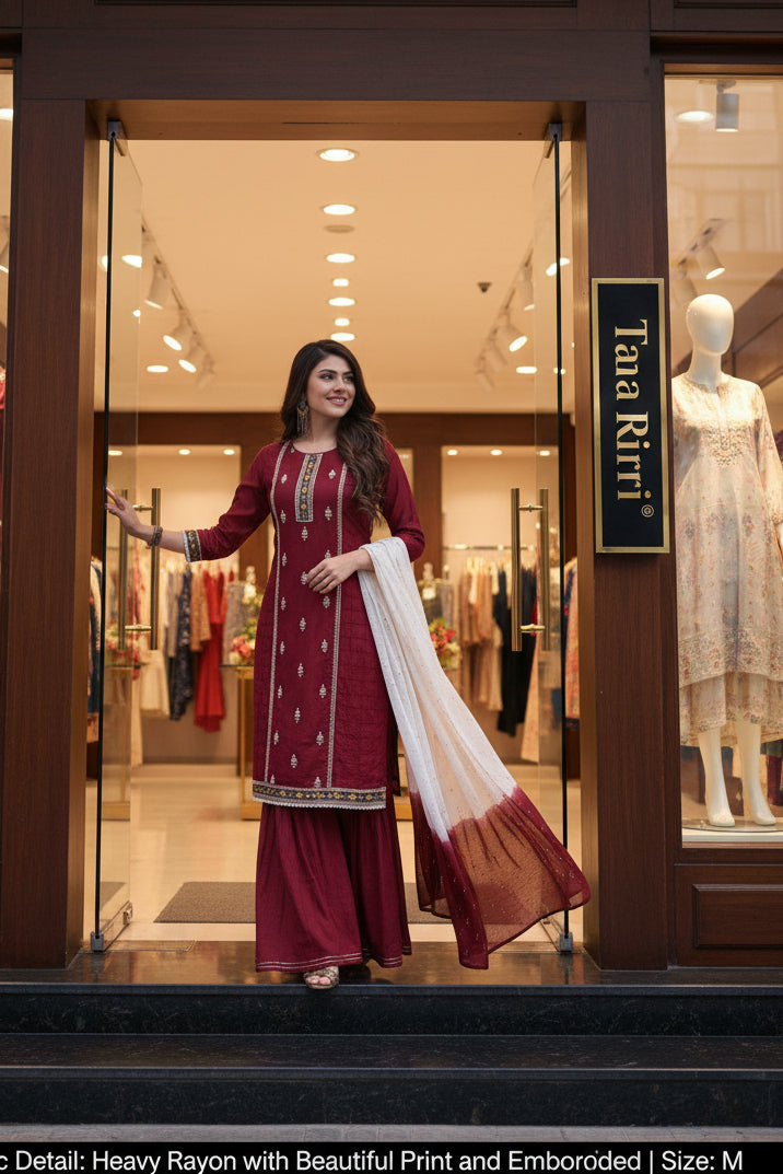 Women's Embroidered Straight Kurti with Palazzo and Dupatta Set