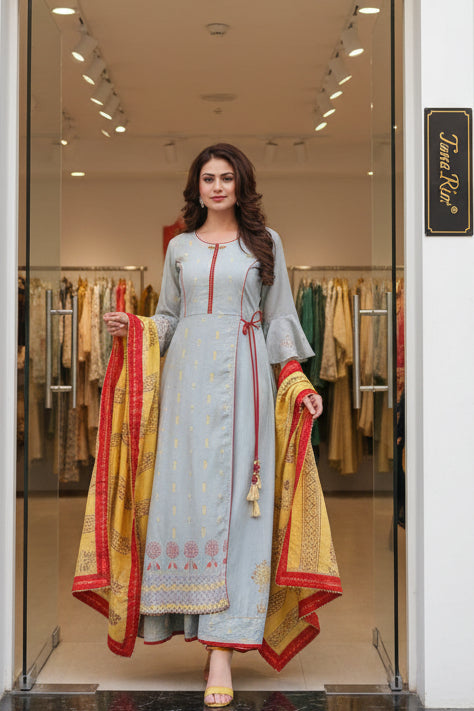PURE RAYON ENBRODRIED PRINTED GOWN DUPTTA SET
