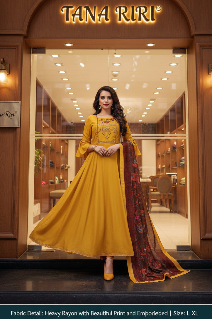 Embroidered Anarkali Gown Dress with Printed Dupatta