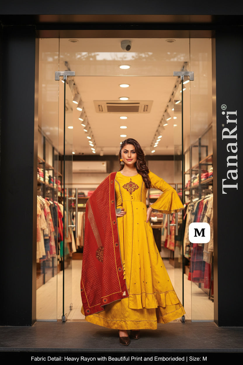 PURE RAYON ENBRODRIED PRINTED GOWN DUPTTA SET