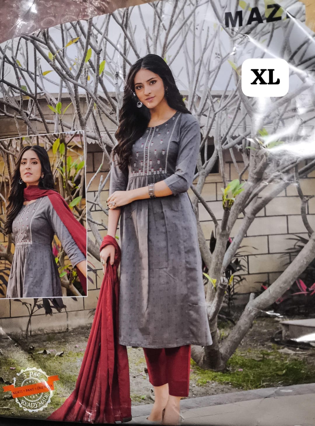 Women's Embroidered Straight Kurti with Pant and Dupatta Set