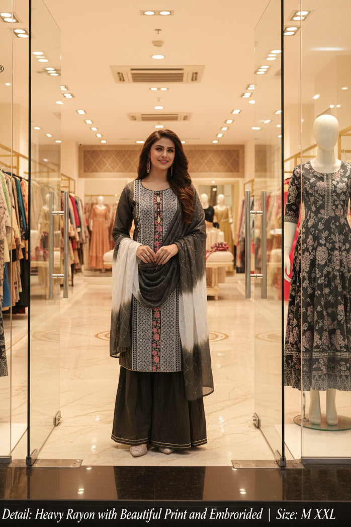 Women's Embroidered Straight Kurti with Palazzo and Dupatta Set