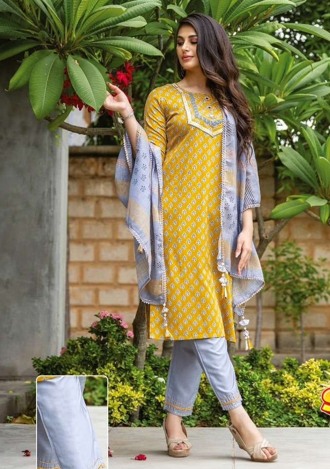 Women's Embroidered Straight Kurti with Pant and Dupatta Set