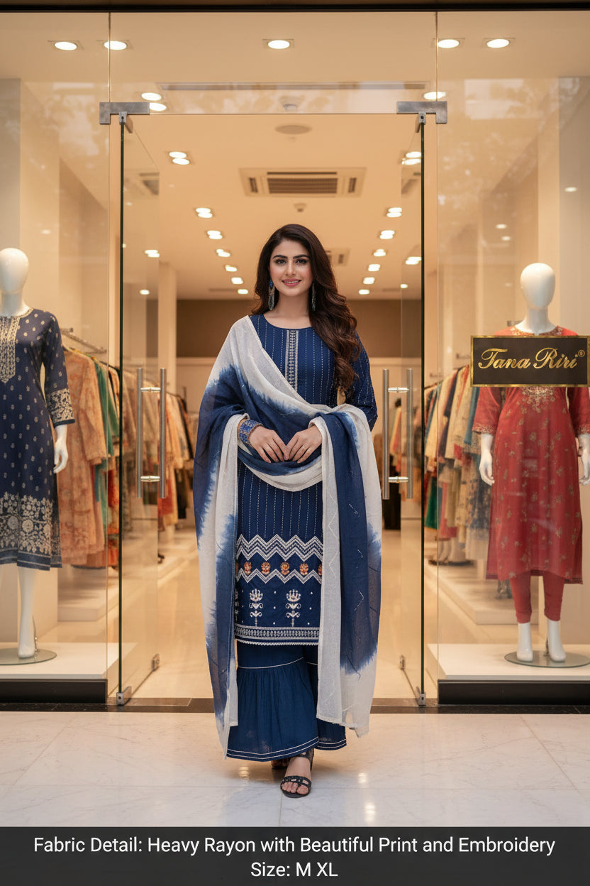 Women's Embroidered Straight Kurti with Palazzo and Dupatta Set