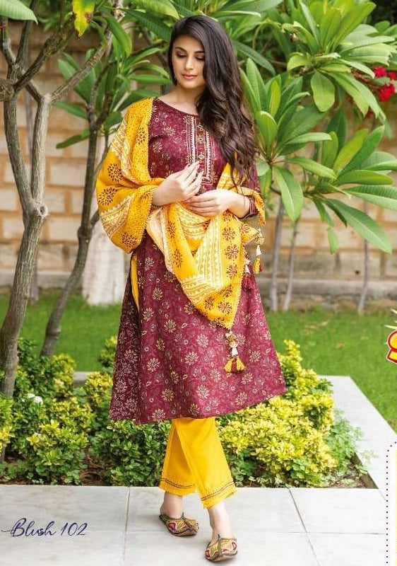 Women's Embroidered Straight Kurti with Pant and Dupatta Set