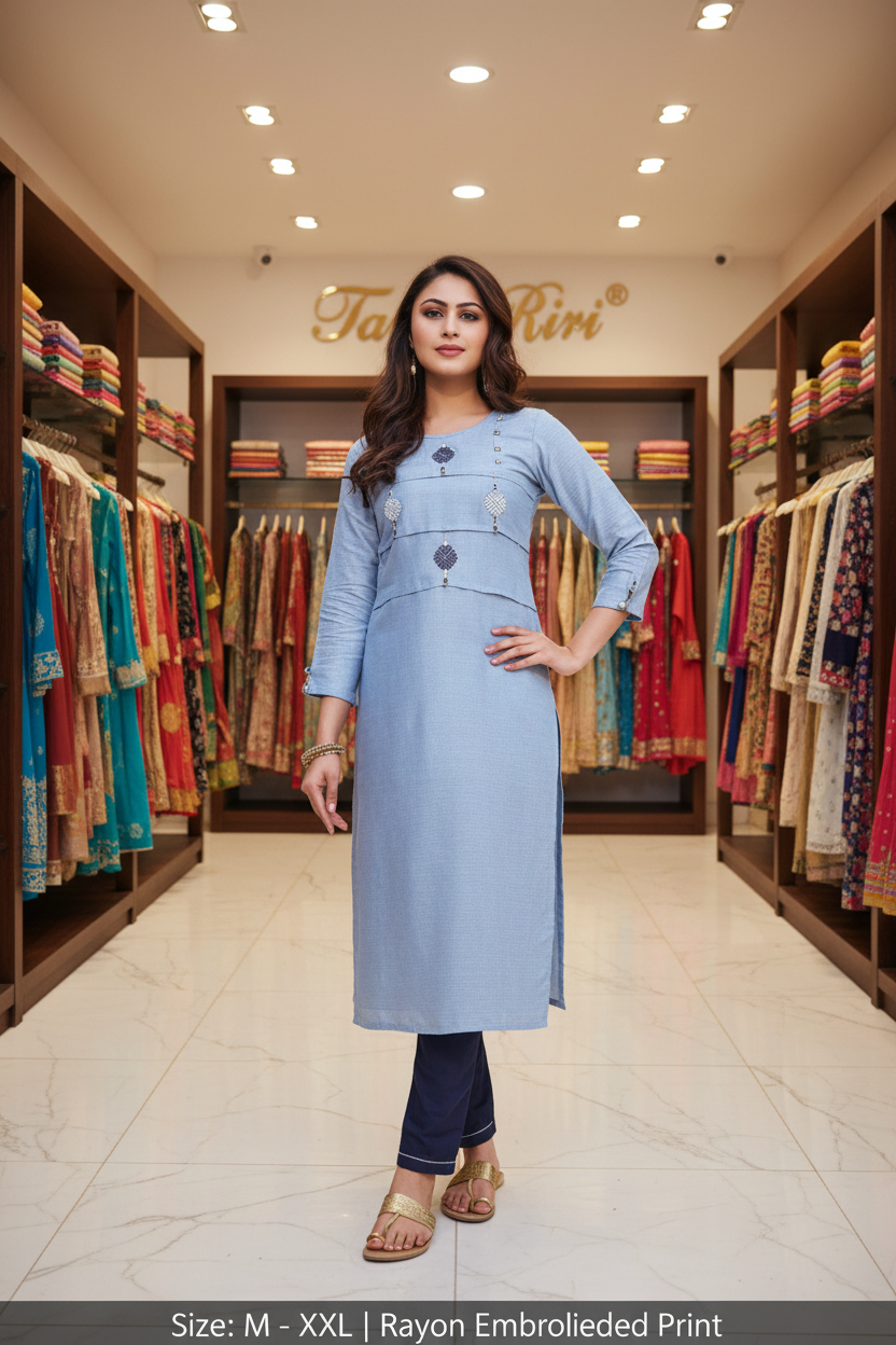 EMBRODIERD PRINT RAYON KURTI AND PANT