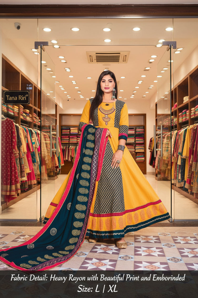 PURE RAYON ENBRODRIED PRINTED GOWN DUPTTA SET