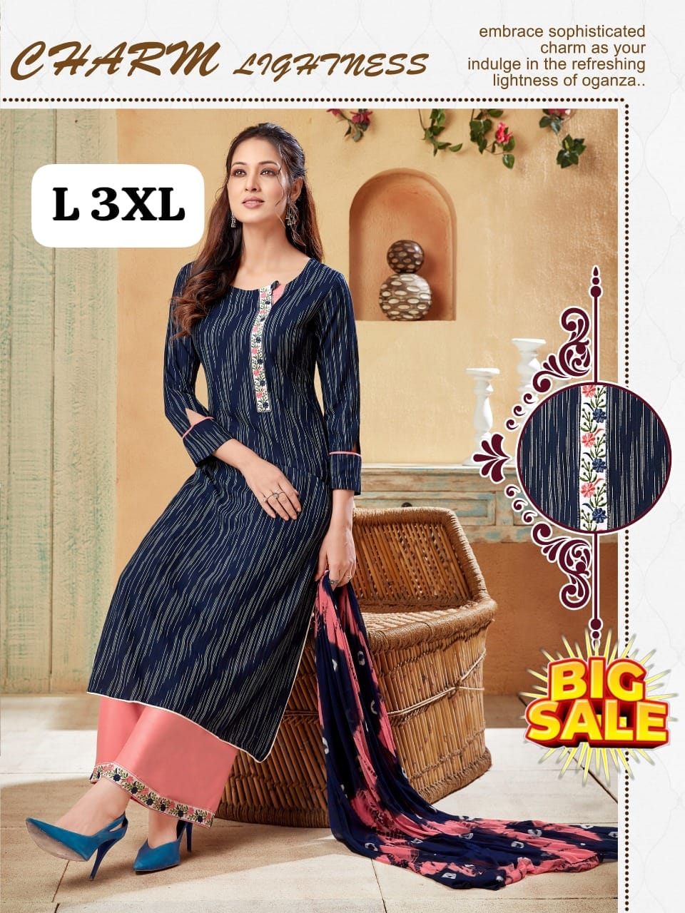 Women's Embroidered Straight Kurti with Plazzo and Dupatta Set