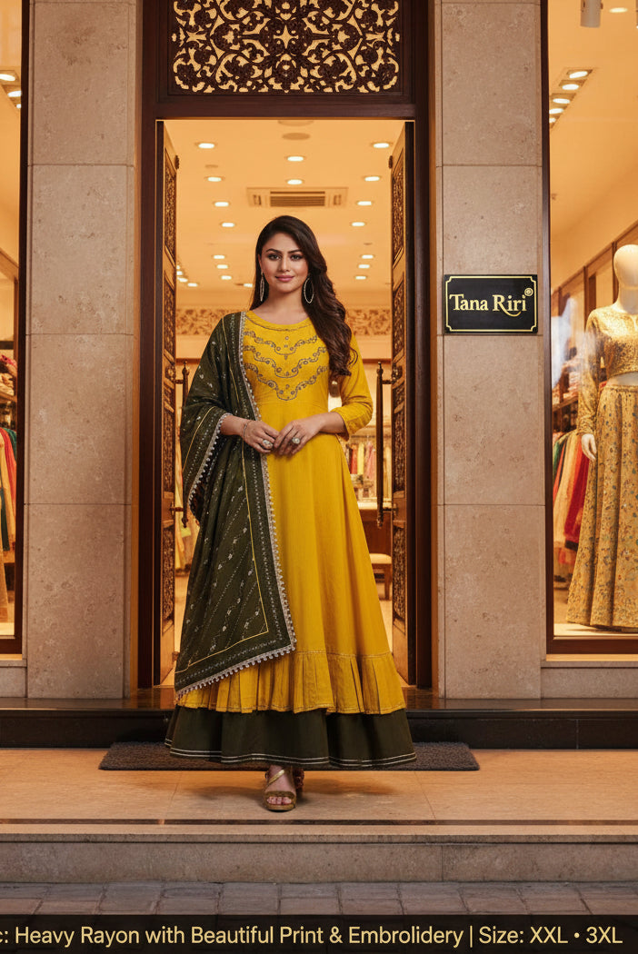 Elegant Embroidered Flared Anarkali Kurti with Dupatta & Layered Skirt