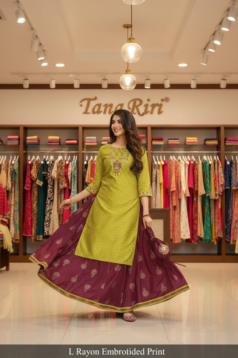 RAYON EMBRODIERD PRINTED KURTI SKIRT SET