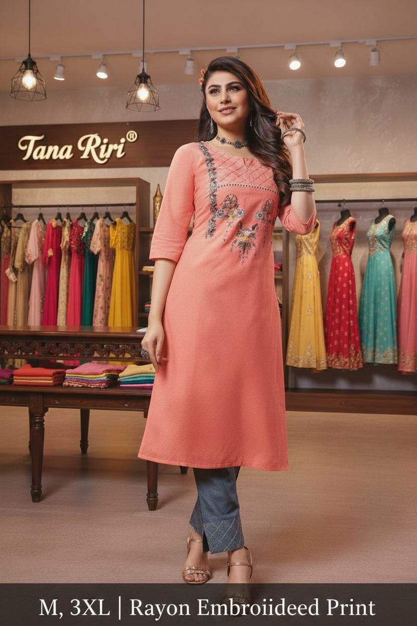 RAYON EMBRODIERD PRINTED KURTI PANT SET