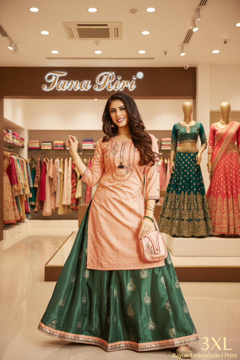RAYON EMBRODIERD PRINTED KURTI SKIRT SET