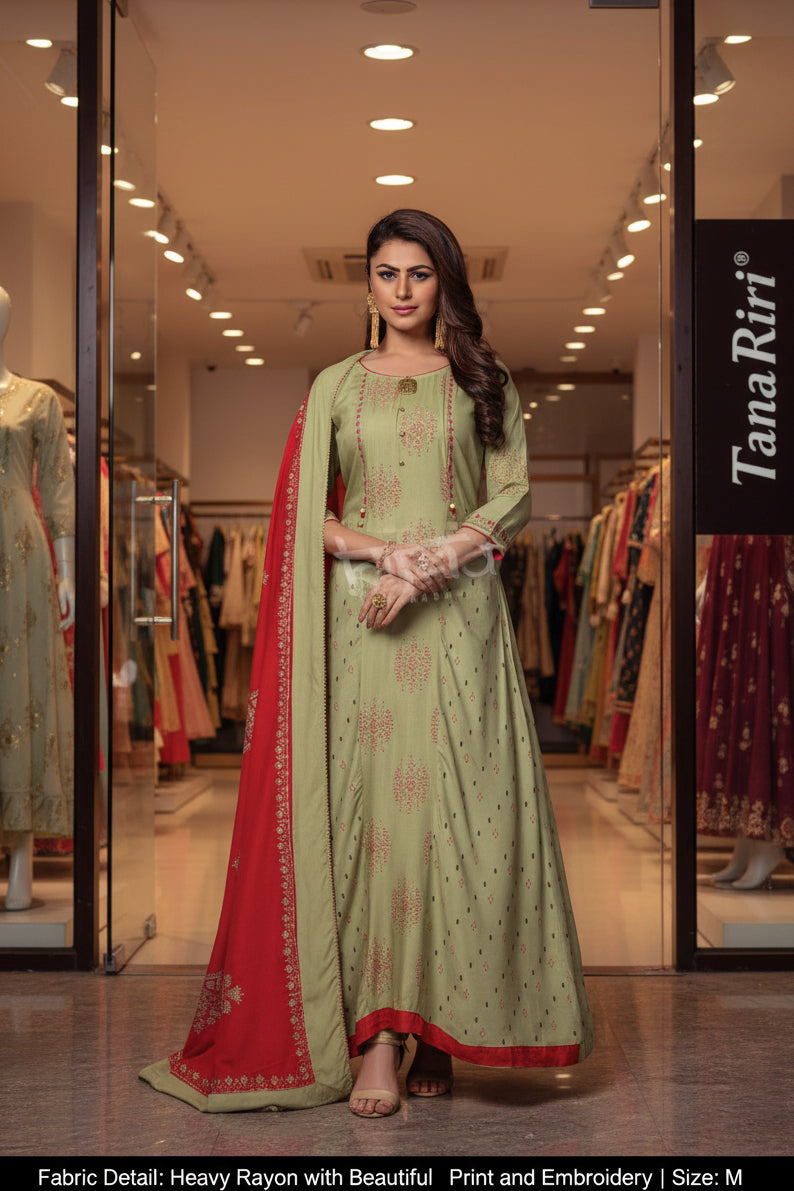 PURE RAYON ENBRODRIED PRINTED GOWN DUPTTA SET