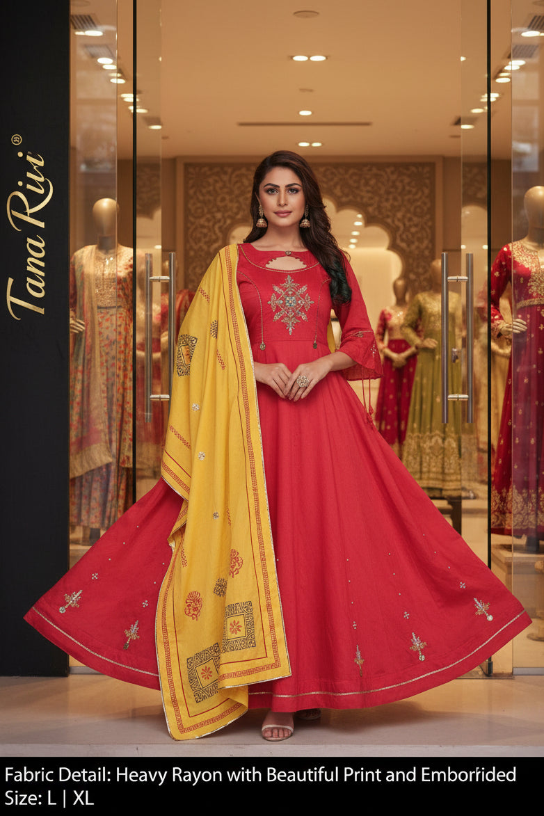 PURE RAYON ENBRODRIED PRINTED GOWN DUPTTA SET