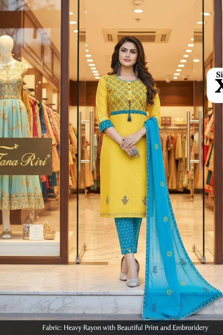 Women's Embroidered Straight Kurti with Pant and Dupatta Set