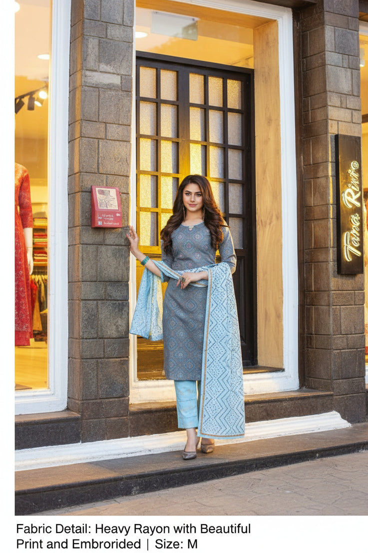 Women's Embroidered Straight Kurti with Pant and Dupatta Set
