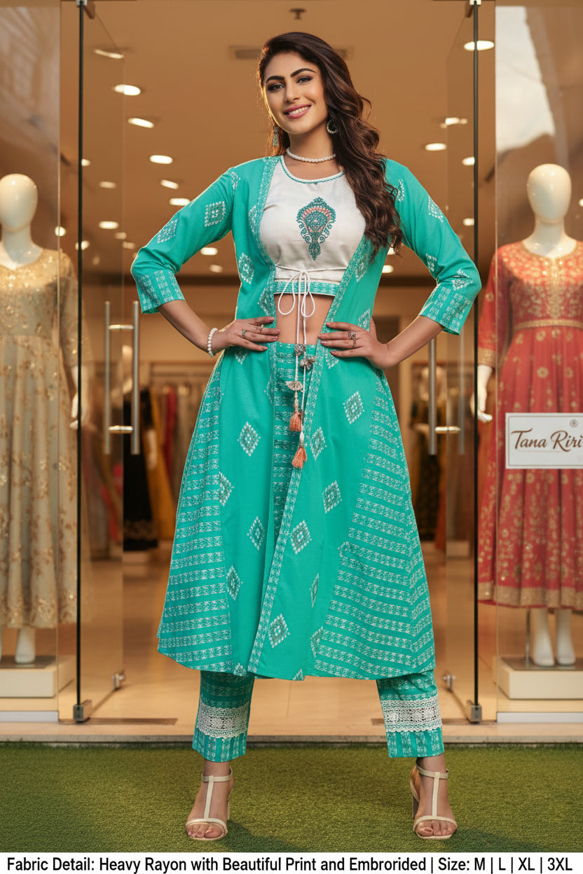 CHANDERI SILK ENBRODRIED PRINTED 3PCS SHURG TYPE SUIT SET