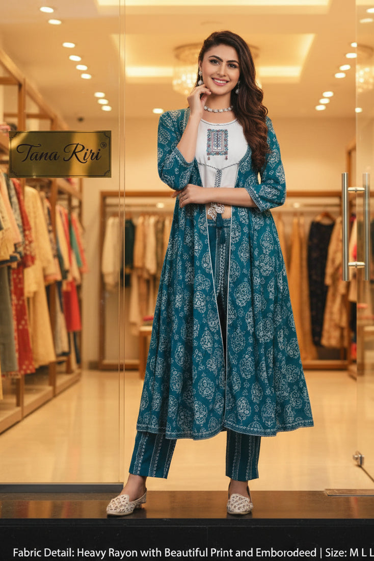 CHANDERI SILK ENBRODRIED PRINTED 3PCS SHURG TYPE SUIT SET