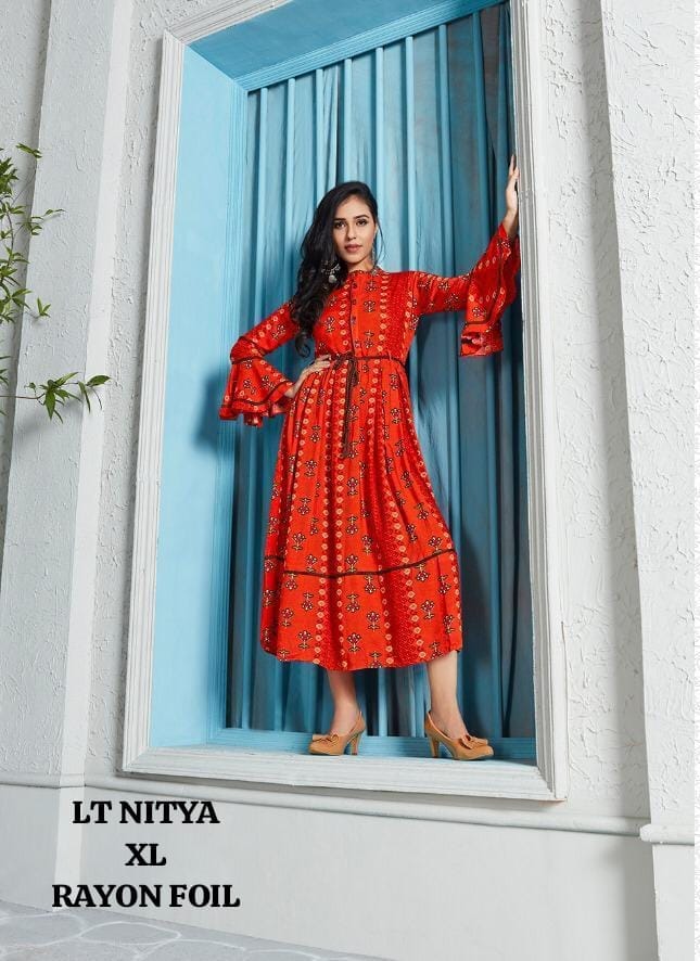 Rayon Foil Printed A-Line Kurti  3/4 Sleeves XL Size