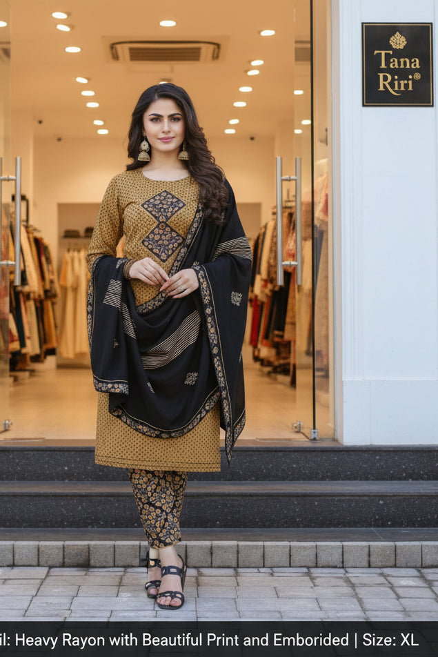 Women's Embroidered Straight Kurti with Pant and Dupatta Set