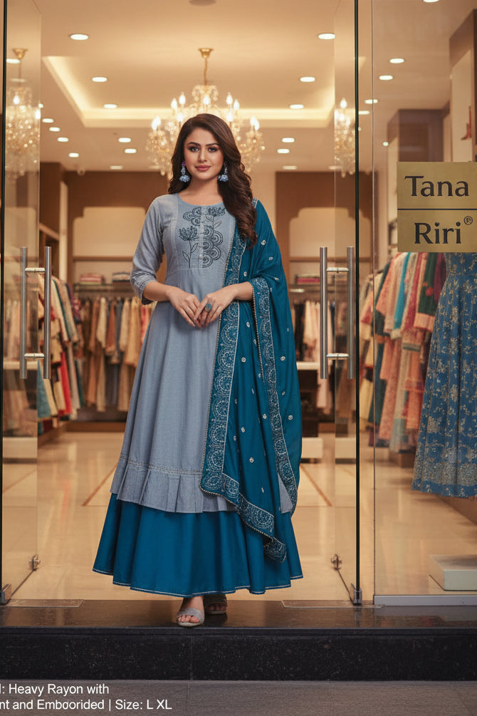 Elegant Embroidered Flared Anarkali Kurti with Dupatta & Layered Skirt