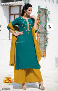 Women's Embroidered Straight Kurti with Plazzo and Dupatta Set